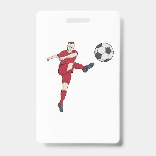 Retro Soccer Player Kicking Ball Volley Action Gra ID Badge