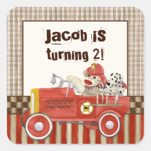Retro Sock Monkey, Firefighter Boy Birthday Square Sticker