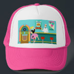 Retro Soda Fountain Trucker Hat<br><div class="desc">Serve up something special with this Retro Soda Fountain Trucker Hat. The minimalist art, cartoon drawing design features the interior of the coolest spot in town. It's a 1950's soda fountain, in all of its kitschy glory! Against the backdrop of an aqua wall, we can see posters advertising the specialities...</div>