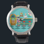 Retro Soda Fountain Watch<br><div class="desc">Serve up something special with this Retro Soda Fountain Watch. The minimalist art, cartoon drawing design features the interior of the coolest spot in town. It's a 1950's soda fountain, in all of its kitschy glory! Against the backdrop of an aqua wall, we can see posters advertising the specialities of...</div>