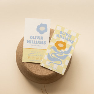 Retro Soft Boho Groovy Checkered Floral Unique 70s Business Card