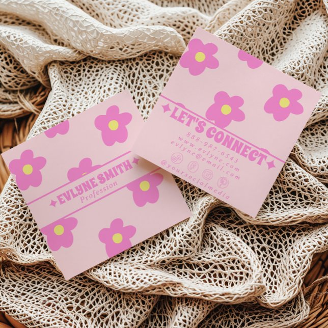 Retro Soft Pink Groovy Floral Trendy Girly Boho Square Business Card (Creator Uploaded)