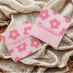 Retro Soft Pink Groovy Floral Trendy Girly Boho Square Business Card