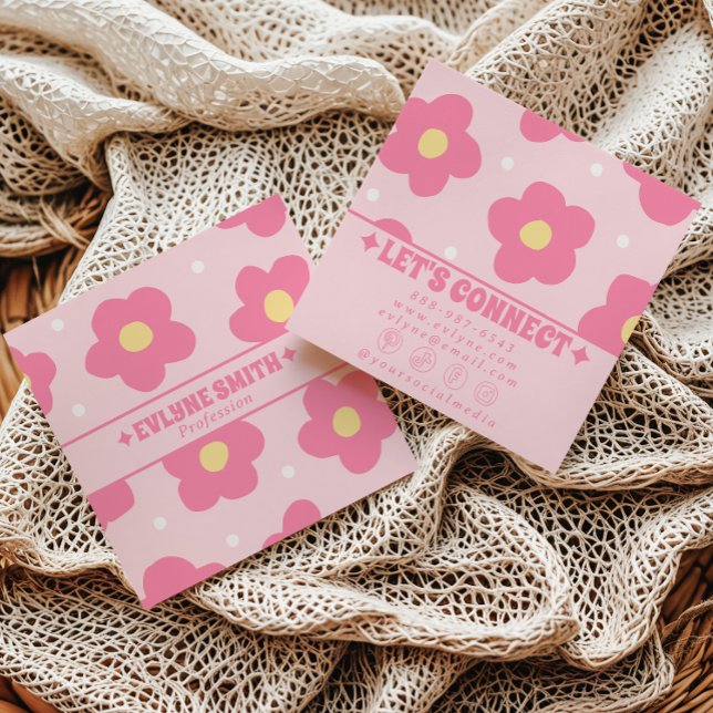 Retro Soft Pink Groovy Floral Trendy Girly Boho Square Business Card (Creator Uploaded)