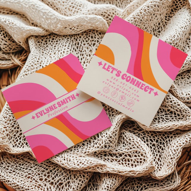 Retro Soft Pink Orange Boho Groovy Girly Trendy Square Business Card (Creator Uploaded)