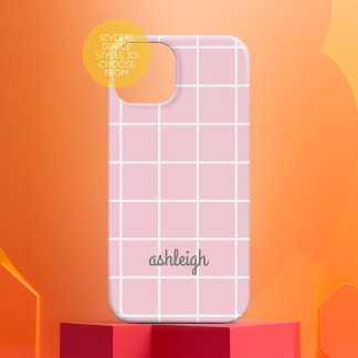 Retro Soft Pink White Plaid White Monogram iPhone 16 Case
