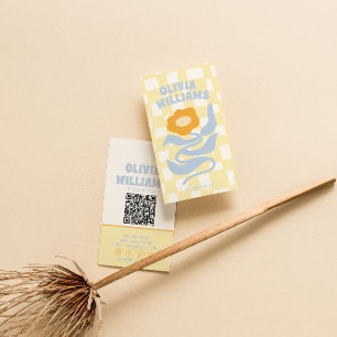 Retro Soft QR Code Boho Groovy Checkered Floral Business Card