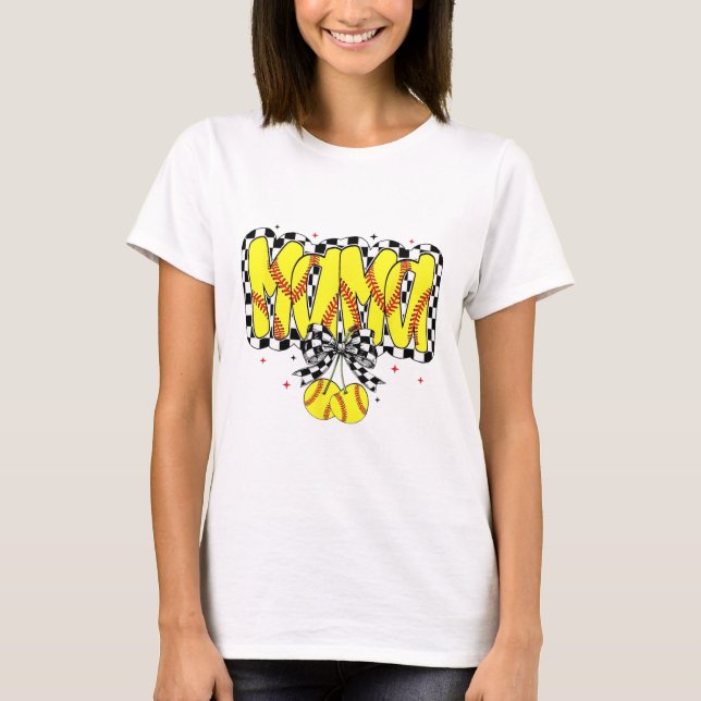 Retro Softll Mama Cherries Coquette Bow Checkered  T-Shirt (Front)