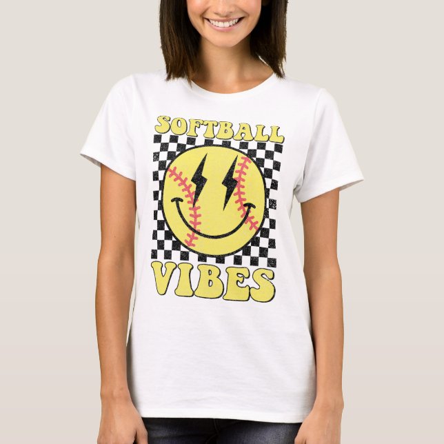 Retro Softll Vibes Smile Face Checkered Pattern Gi T-Shirt (Front)