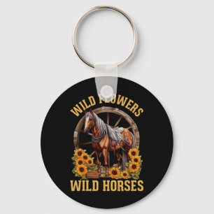 Retro Southern Wild Flowers Wild Horses1 Key Ring