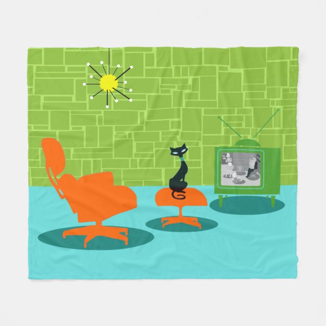 Retro Space Age Kitty Fleece Blanket (Front (Horizontal))