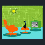 Retro Space Age Kitty Poster<br><div class="desc">It is said that dogs have owners and cats have staff. The feline on this Retro Space Age Kitty Poster couldn't agree more! The 1960's style, minimalist art design features a sleek, black cat in a mid century modern living room. The sophisticated room prominently features a green, stone wall. The...</div>