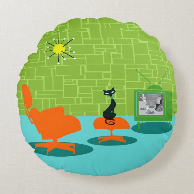 Retro Space Age Kitty Round Pillow (Front)