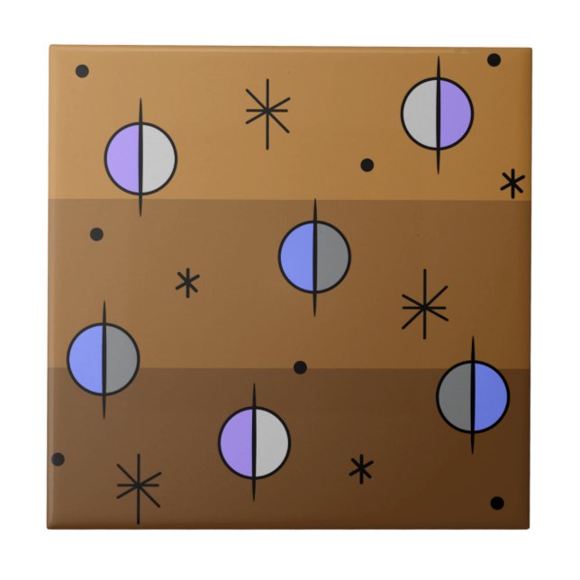 Retro Space Age Planets Stars Brown Tile (Front)