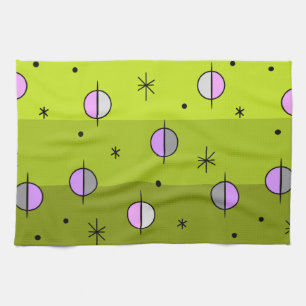Retro Space Age Planets Stars Chartreuse Tea Towel