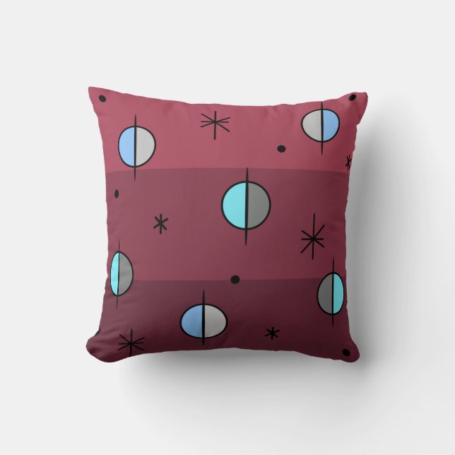 Retro Space Age Planets Stars Maroon Cushion (Front)