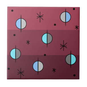 Retro Space Age Planets Stars Maroon Tile