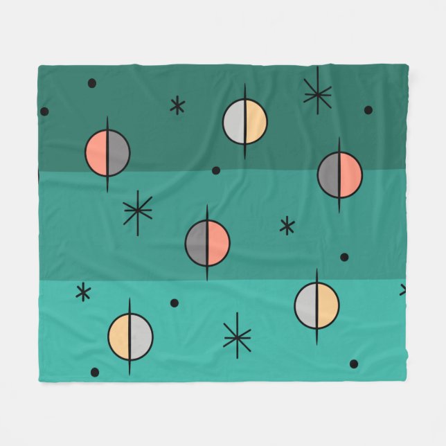 Retro Space Age Planets Stars Turquoise Fleece Blanket (Front (Horizontal))