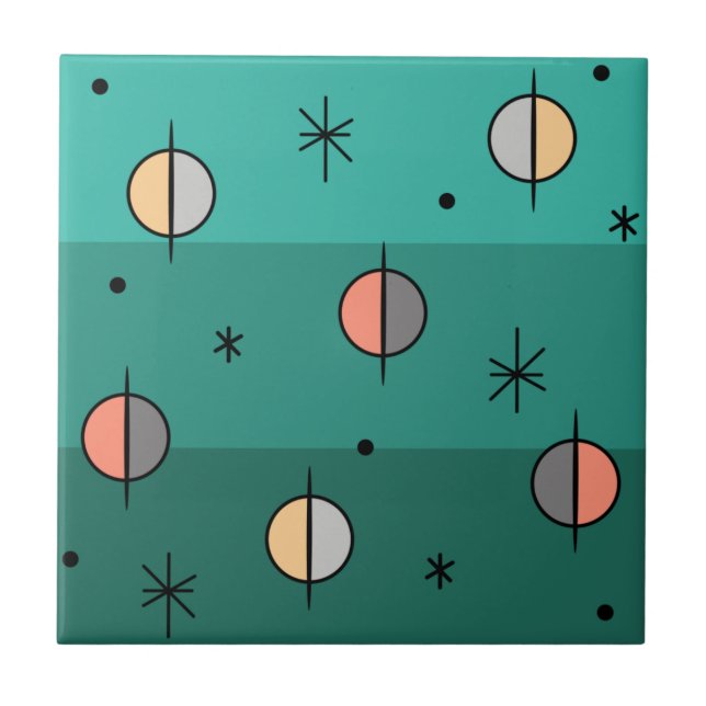 Retro Space Age Planets Stars Turquoise Tile (Front)
