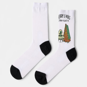Retro Space  Alien Christmas UFO Holiday Cabin Art Socks