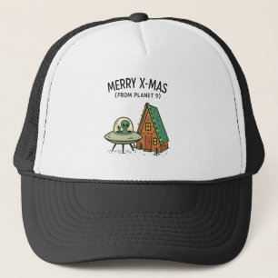 Retro Space Alien Christmas UFO Holiday Cabin Art Trucker Hat