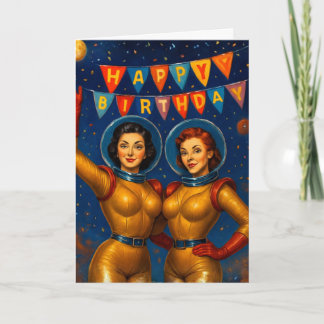 Retro Space Babes Birthday Vintage Pin-Up  Card