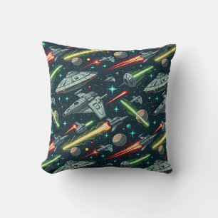 Retro Space Battle Sci-Fi Spaceship Comic Pattern Cushion