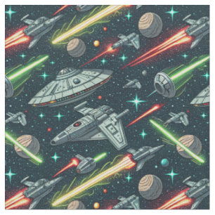 Retro Space Battle Sci-Fi Spaceship Comic Pattern Fabric