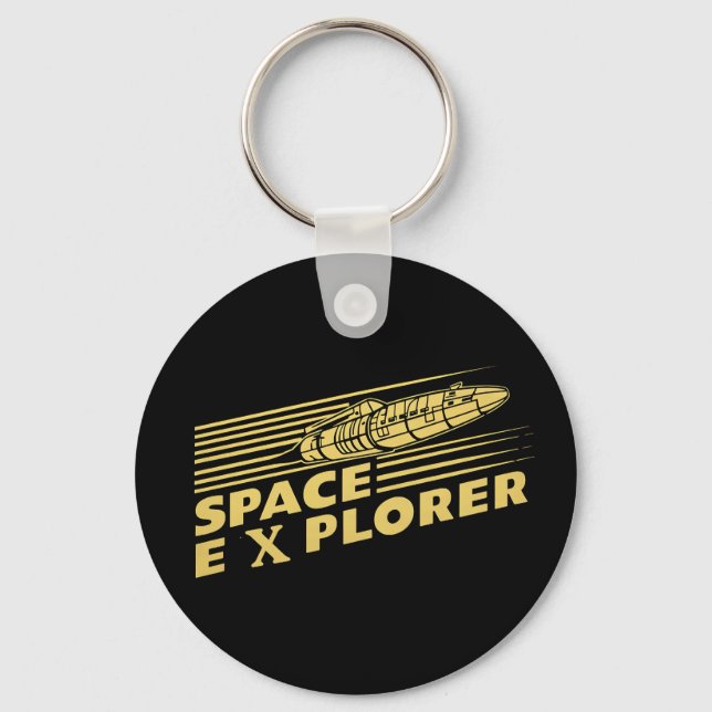 Retro Space Explorer Rocket Graphic Key Ring (Front)