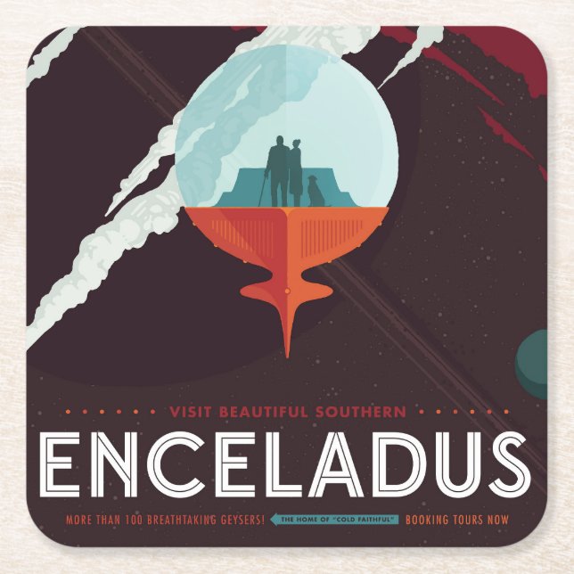 Retro Space Poster-Cassini Mission To Saturn Square Paper Coaster (Front)