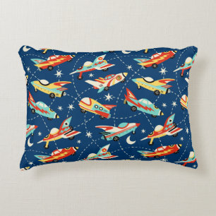 Retro Space Rocket Cars Blue Cute Kids Pattern Decorative Cushion