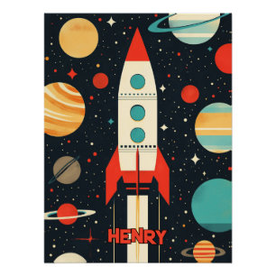 Retro Space Rocket Illustration Poster