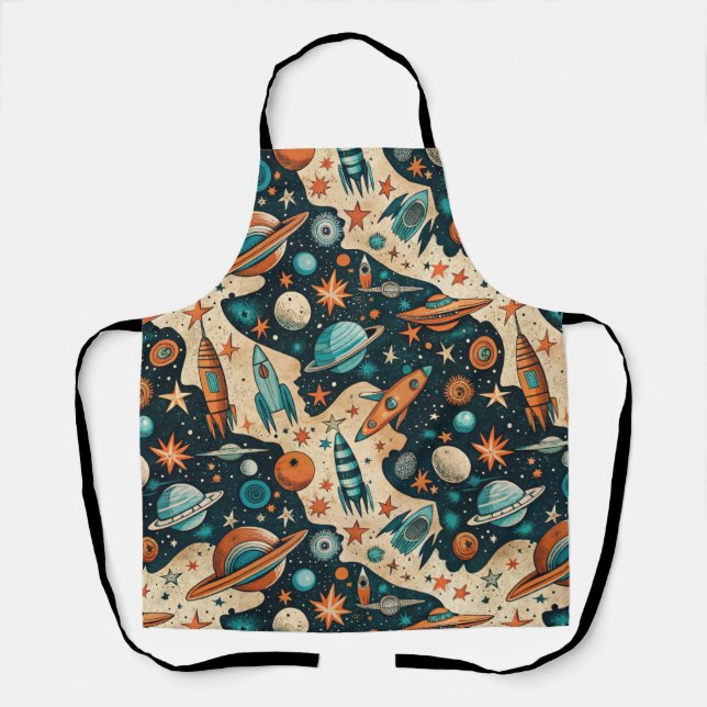 Retro Space Rocket Planets Orange Teal Nursery Apron (Front)