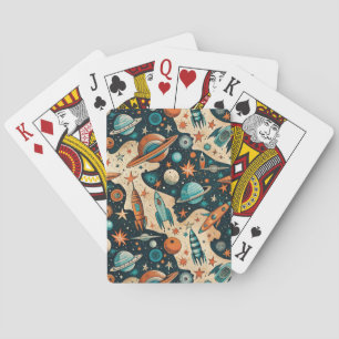 Retro Space Rocket Planets Orange Teal Nursery Playing Cards