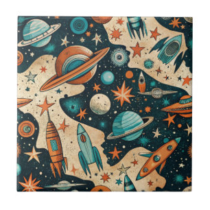 Retro Space Rocket Planets Orange Teal Nursery Tile