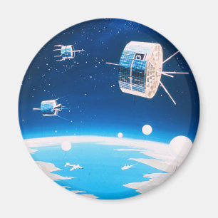 Retro space rocket satellite vintage illustration magnet