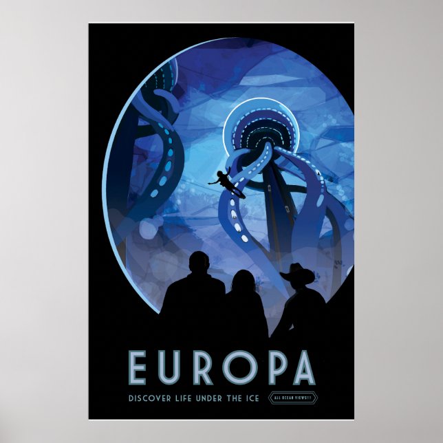 Retro Space Travel Poster- Jupiter's Moon Europa. Poster (Front)