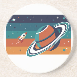 Retro Space Travel Poster Ringed Planet Coaster