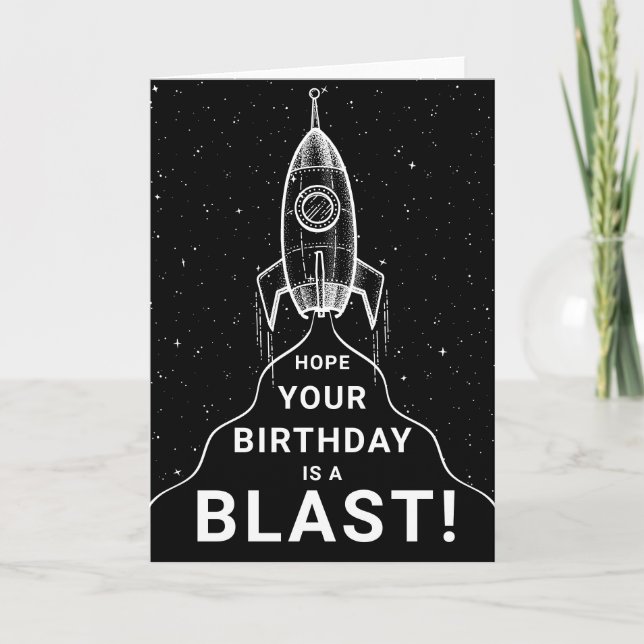 Retro Spaceship Black and White Birthday Card (Front)