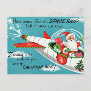 Retro Spaceship Santa Christmas Postcard