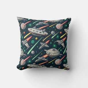 Retro Spaceship Sci-Fi Space Battle Comic Pattern Cushion