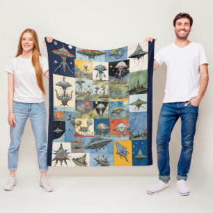 Retro Spaceships and Aliens Navy Fleece Blanket