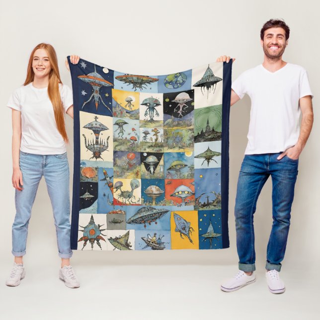 Retro Spaceships and Aliens Navy Fleece Blanket (In Situ)