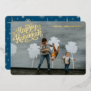 Retro Sparkle Happy Hanukkah Blue One Photo Gold