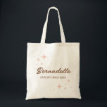 Retro Sparkles Script Name and Event Tote Bag<br><div class="desc">Retro, mid century style sparkles in peachy blush pink frame personalised first name text and a smaller line of text for an event, surname, role title, date or location. Fill these budget friendly bags with gifts, treats, and more and show your bridesmaids, bridal party and friends how much you appreciate...</div>