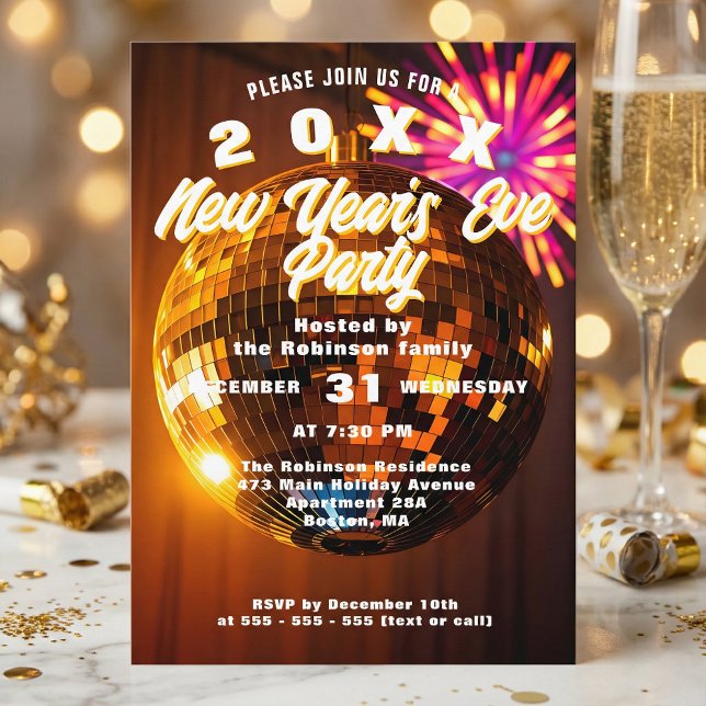 Retro Sparkly Gold Disco Ball New Year's Eve Party Invitation (Creator Uploaded)