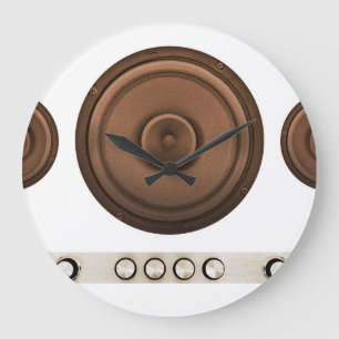 Retro speakers: brown, isolated white. large clock