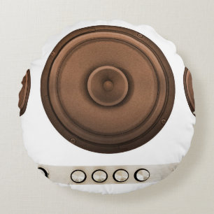 Retro speakers: brown, isolated white. round cushion