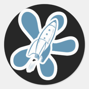 Retro Splat Rocket White Blue Classic Round Sticker