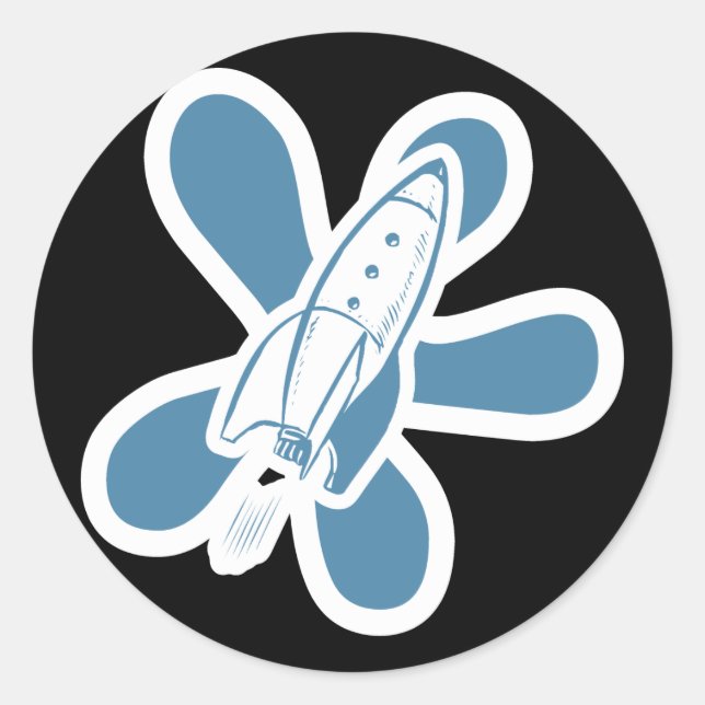 Retro Splat Rocket White Blue Classic Round Sticker (Front)